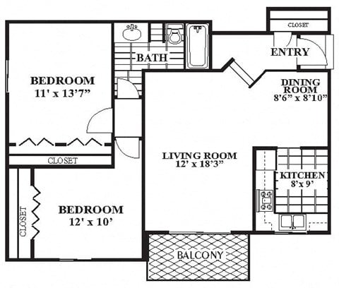 Floor plan for 2 beds, 1 bath, 903 sqft